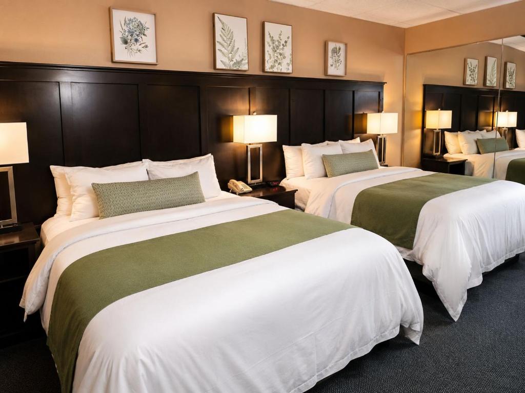 a hotel room with two beds and two lamps at Alleghany Inn Blue Ridge in Sparta