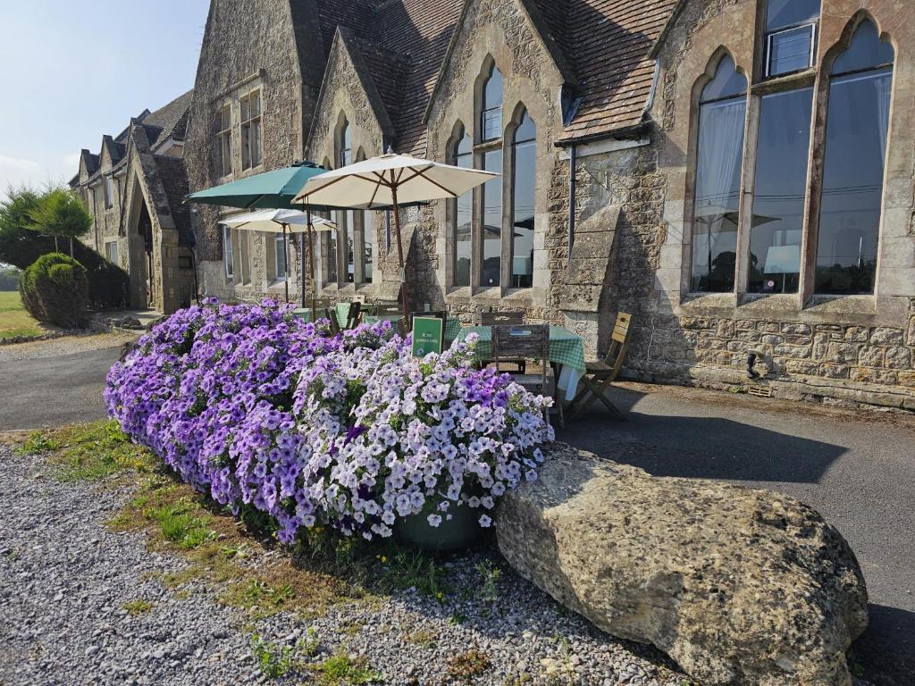 Eine Bank und lila Blumen vor einem Gebäude in der Unterkunft The Schoolhouse Hotel in Swindon
