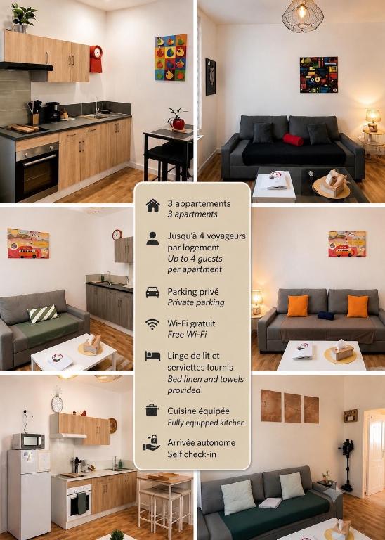 a collage of photos of a kitchen and a living room at Les Cerisiers - Une escale comme à la maison - in Damparis