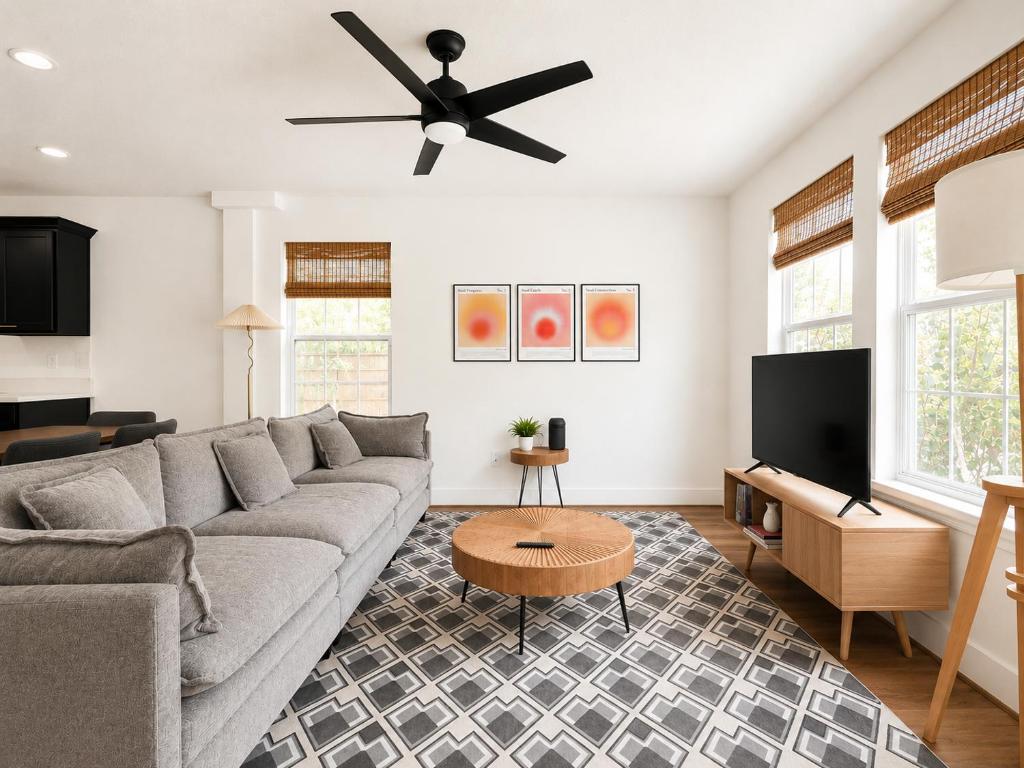 a living room with a couch and a ceiling fan at Houston House - Free Parking in Houston