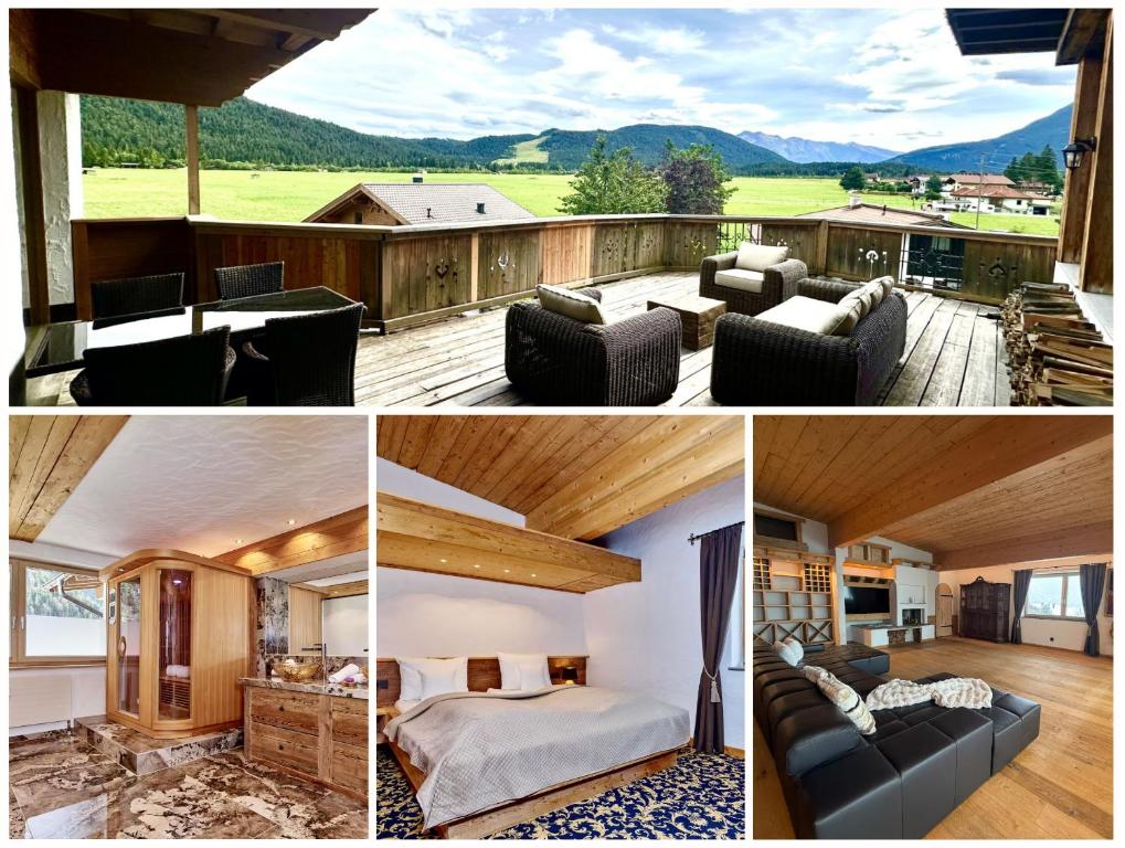 a collage of four pictures of a house at Jagd Chalet in Leutasch