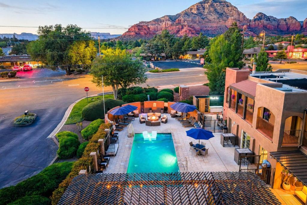 an aerial view of a resort with a swimming pool at Arroyo Pinion Hotel, an Ascend Collection Hotel in Sedona