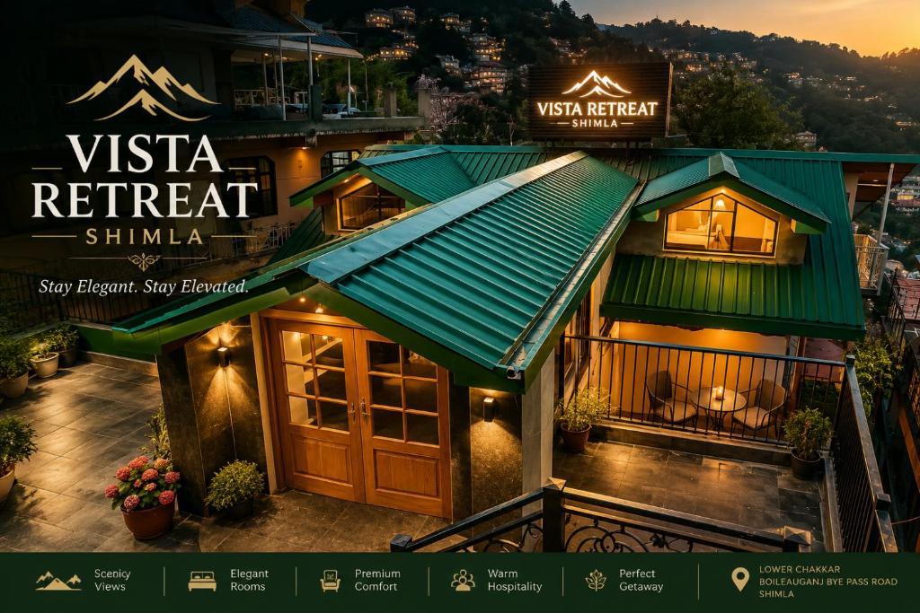 a flyer for a restaurant with a green roof at The Vista Retreat in Shimla