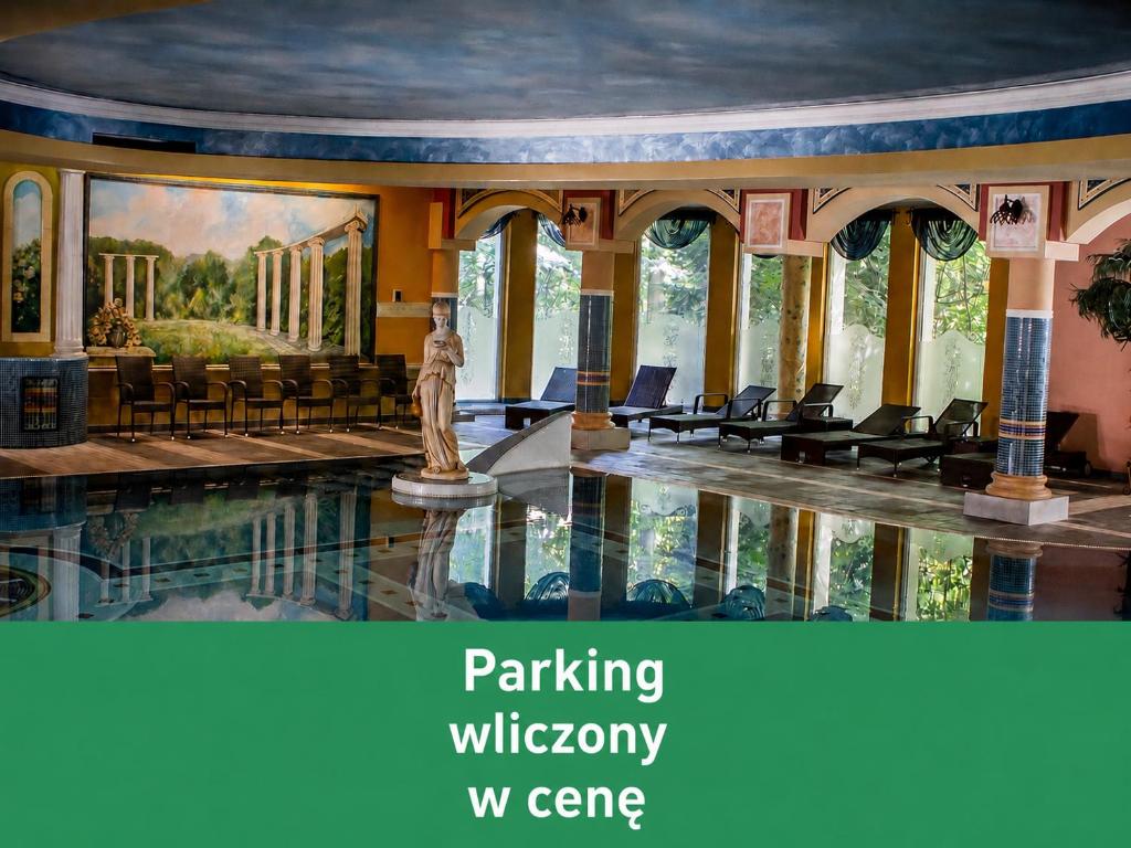a lobby with a swimming pool and a villa at Papuga Park Hotel Wellness Marrakesz & SPA in Bielsko-Biała