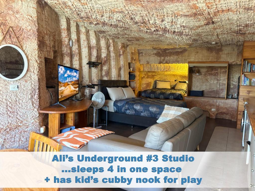 a room with a bed and a couch and a tv at Ali's Underground Studio in Coober Pedy