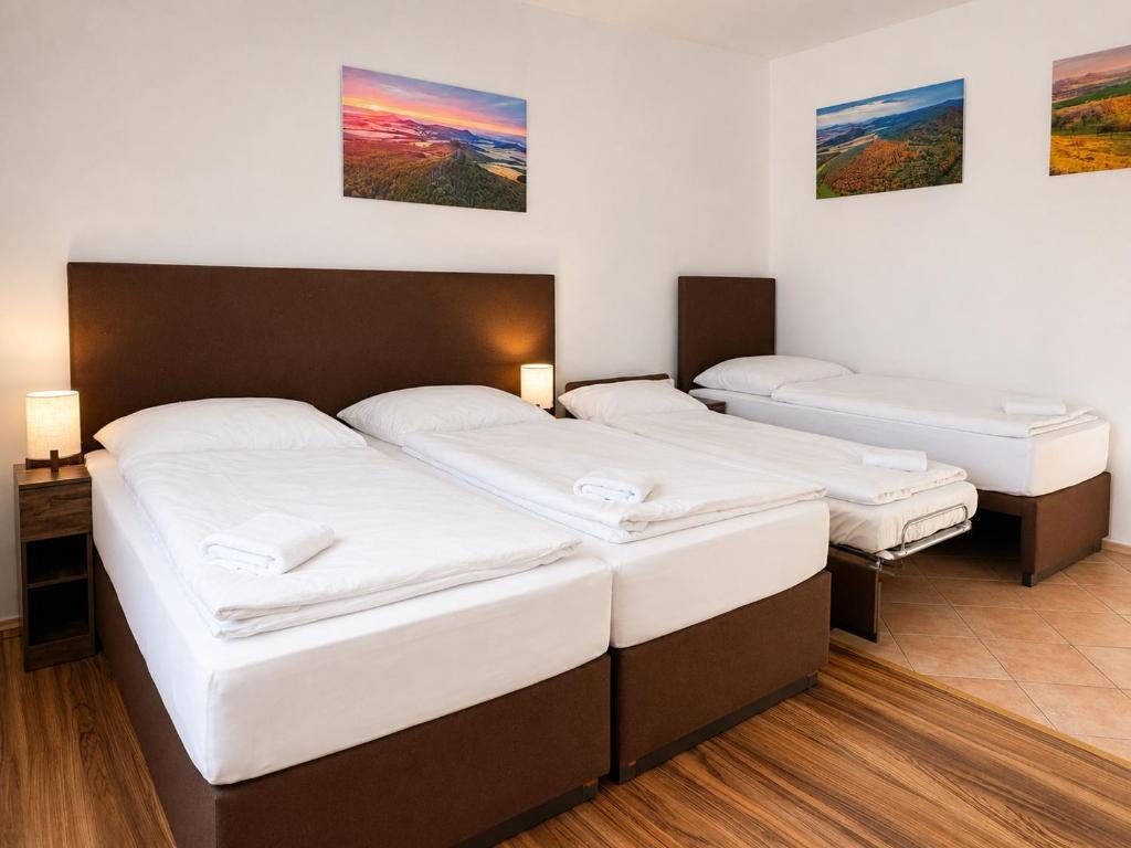 two beds in a room with paintings on the wall at Kovárna Klapý pod Hazmburkem - České středohoří in Klapý