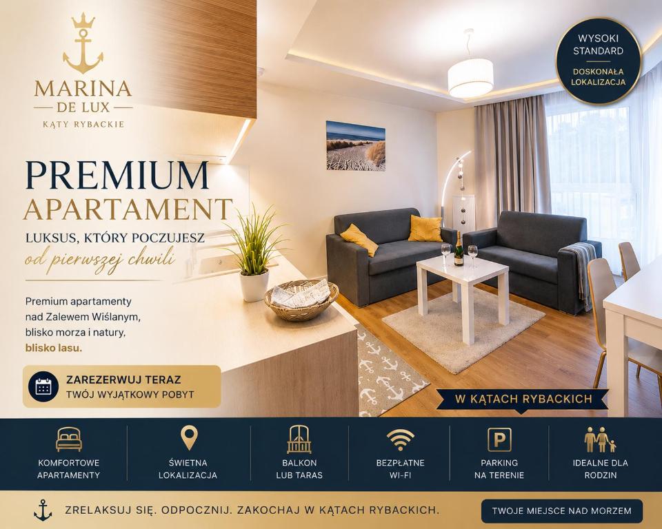 a flyer for a treatment apartment with a living room at Apartament DeLux Marina in Kąty Rybackie