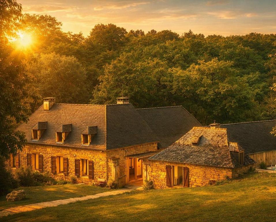 an old stone house with the sun in the background at A 5 min de Lascaux - Ferme Périgourdine - Gîte du Fraysse in Montignac