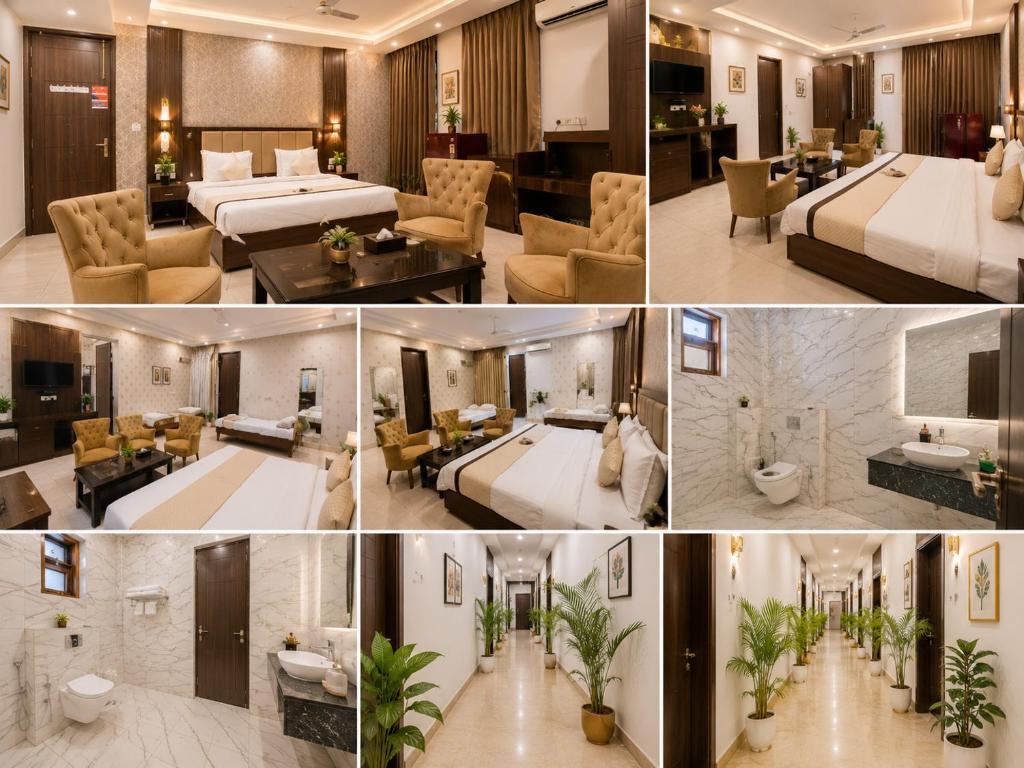 a collage of four pictures of a hotel room at Akshay Hotel in Gurgaon