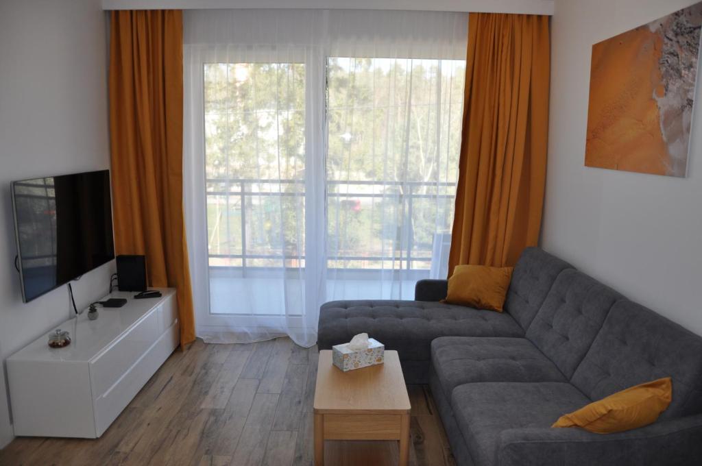 a living room with a couch and a tv at Jantar Resort Apartament in Jantar