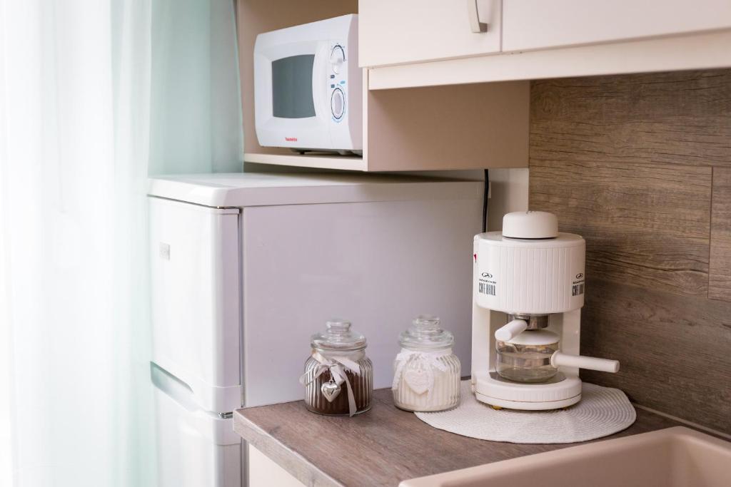 Kuchyň nebo kuchyňský kout v ubytování Aqualiget-Apartmanház E-Car plug-in point Szeged