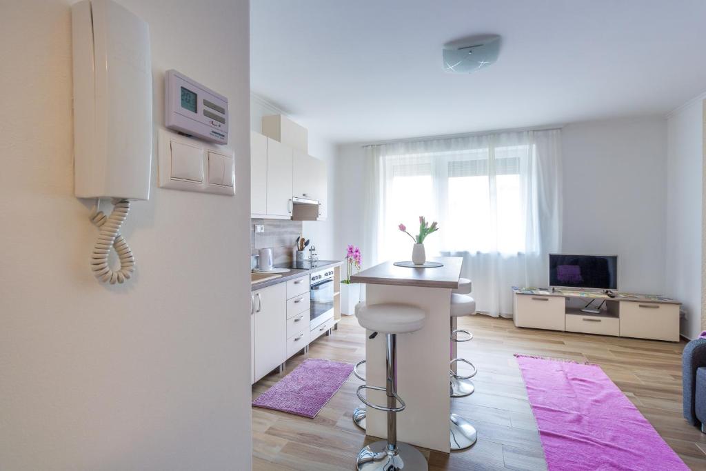 Kuchyň nebo kuchyňský kout v ubytování Aqualiget-Apartmanház E-Car plug-in point Szeged