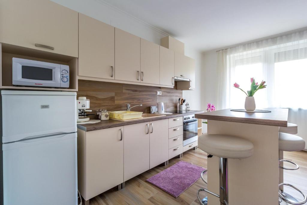 Kuchyň nebo kuchyňský kout v ubytování Aqualiget-Apartmanház E-Car plug-in point Szeged