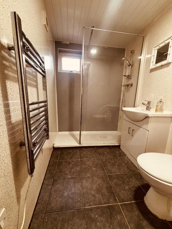 a bathroom with a shower and a toilet and a sink at Cham Crest in Friern Barnet
