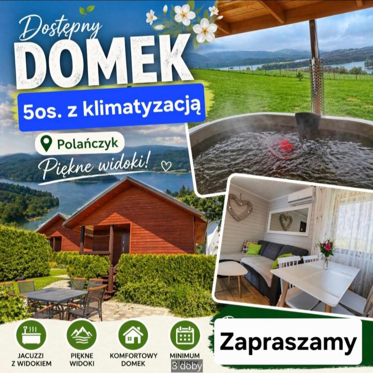 a collage of photos of a house with a garden at KICZARA Domki nad Jeziorem Solińskim w centrum Polańczyka60180--6454 in Polańczyk