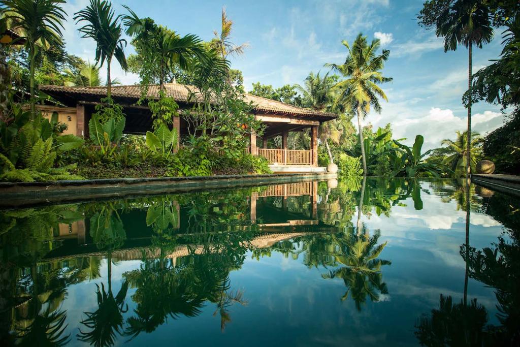 a house in the middle of a pond with palm trees at Sri Yoga Shala in Unawatuna
