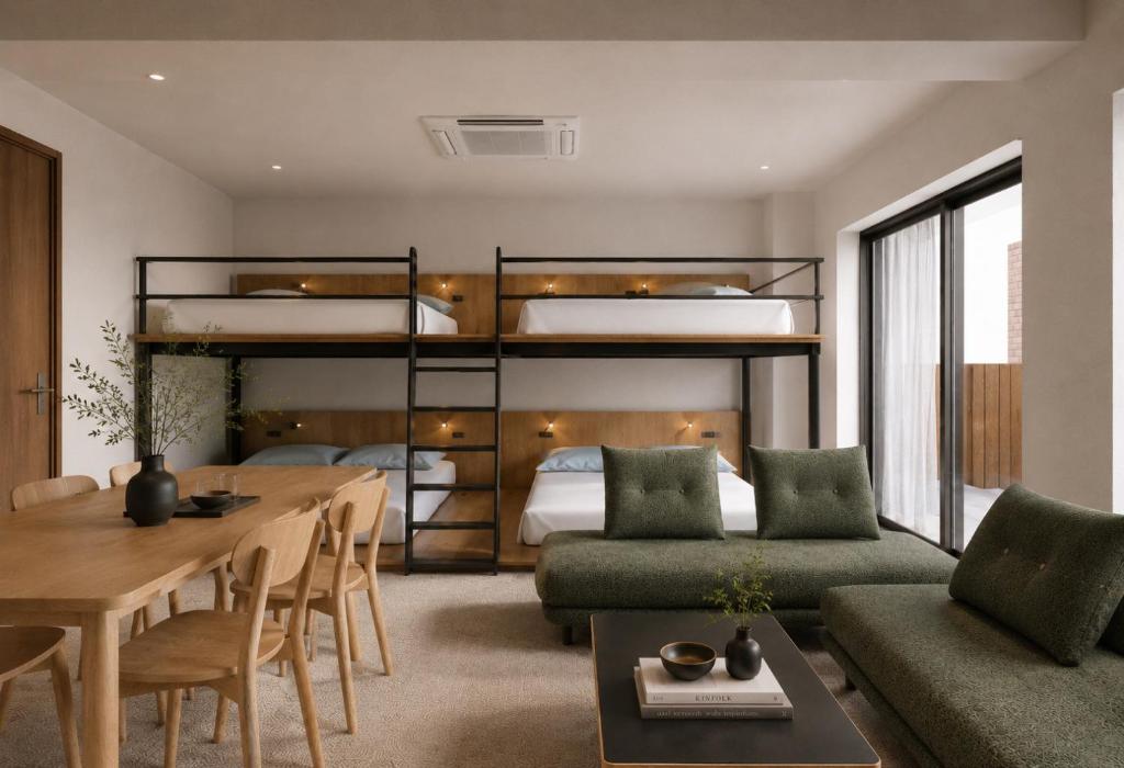 a bedroom with bunk beds and a living room with a table at Hotel Rima chocolat in Toyohira