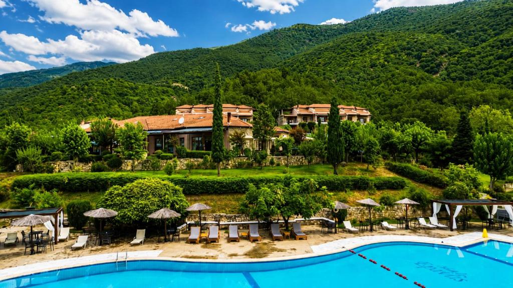 a resort with a pool and mountains in the background at Hotel Epavlis in Káto Poróïa