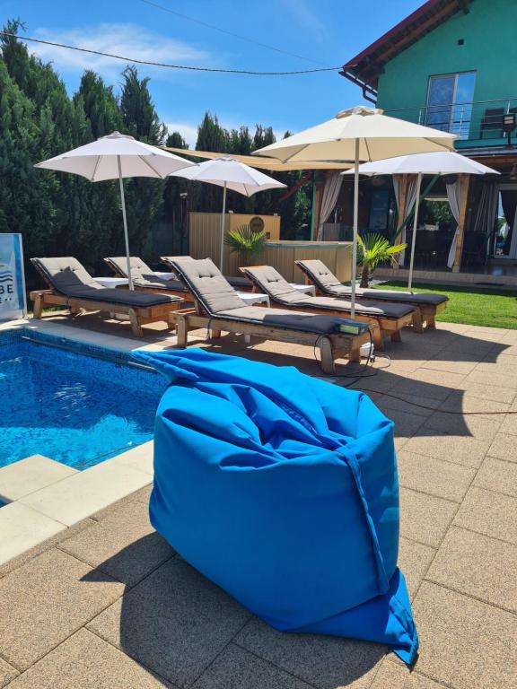 a large blue bag sitting next to a swimming pool at Danube Home in Ostrovu Corbului