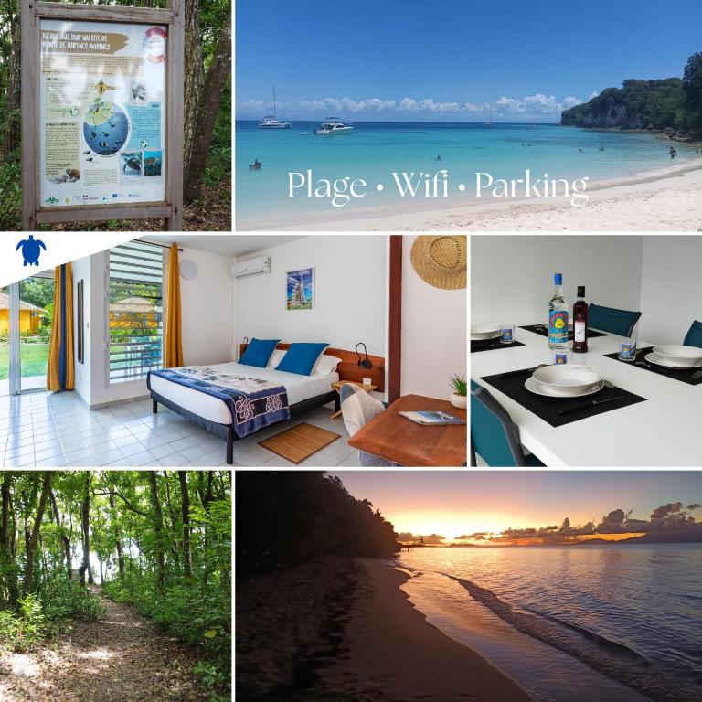 a collage of photos of a room with a view of the ocean at KawanNid Plage à 200m, Wifi, Clim, parking, Jardin Privé in Grand-Bourg