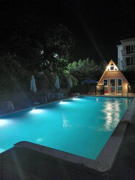 a large blue swimming pool at night at Cottage by the sea in Kobuleti