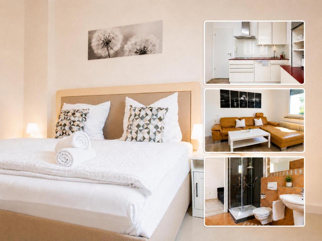 a bedroom with a bed and a living room at Ferienwohnungen Domblick-Herkenrath in Bergisch Gladbach