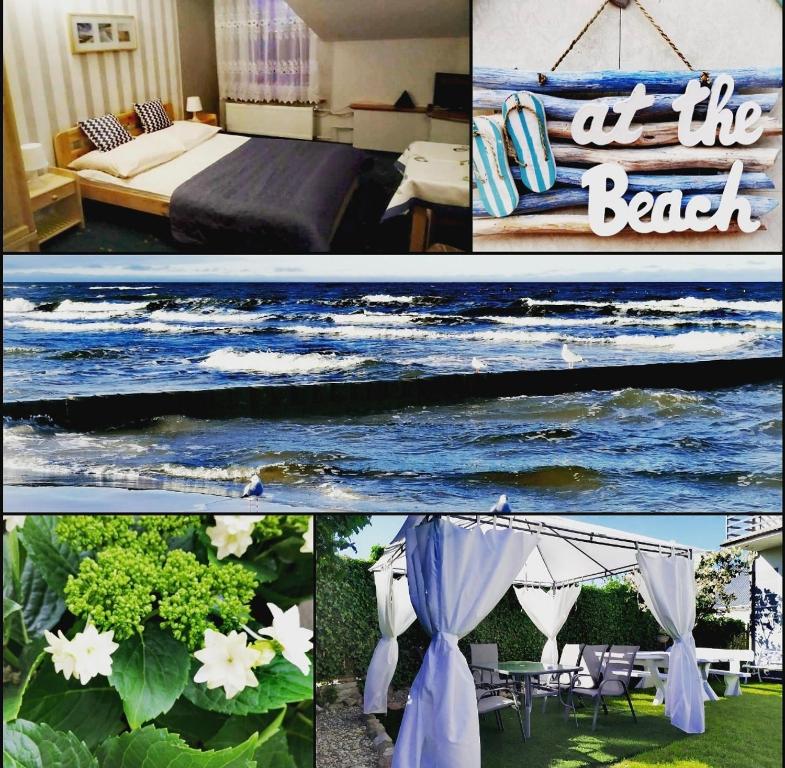 a collage of pictures of a bedroom and a bed at Willa Aura in Łeba