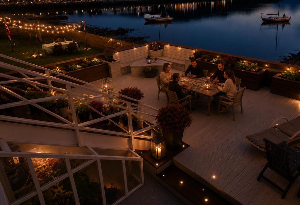 a group of people sitting at a table on a deck at Sjøhuset Sjøholt in Sjøholt