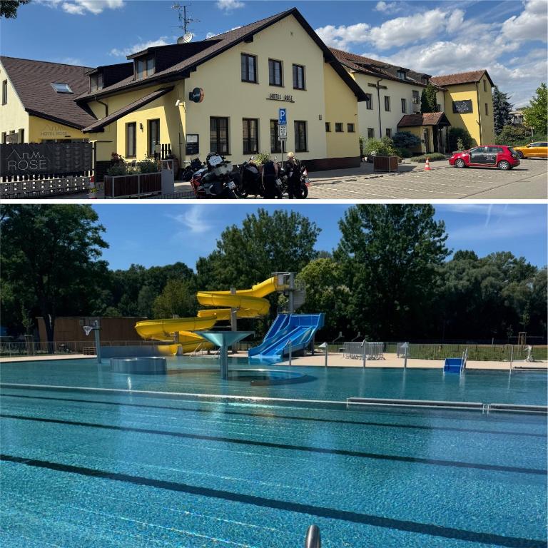 two pictures of a house and a swimming pool at Hotel ROSE Břeclav in Břeclav