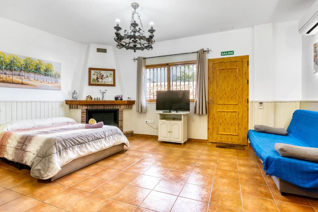 a bedroom with a bed and a tv and a couch at Carrebaix Loft in Orba