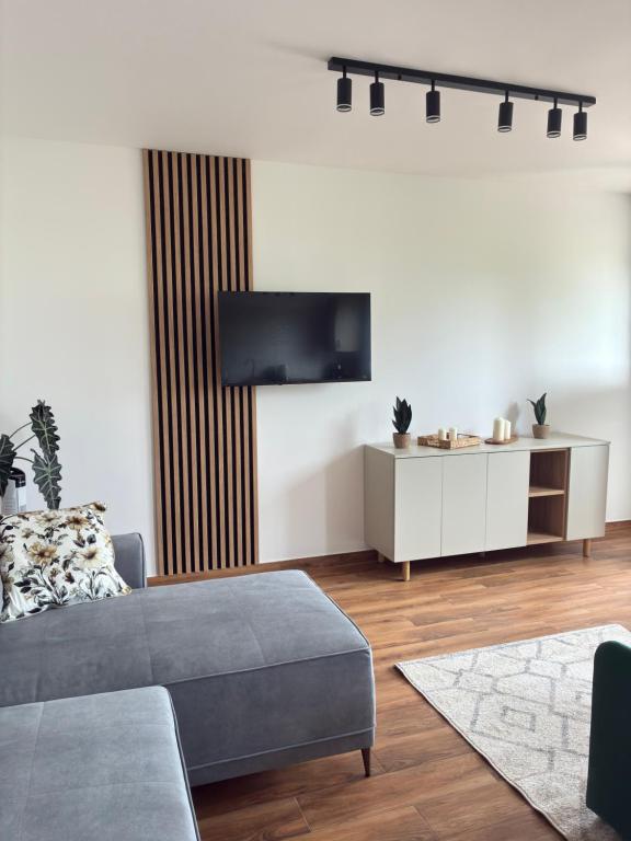 a living room with a couch and a tv on a wall at Apartament Kopernikus in Grodzisk Mazowiecki
