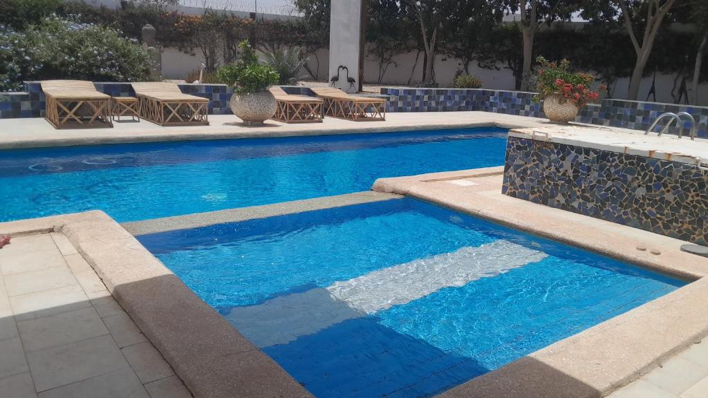 ein Schwimmbecken mit blauem Wasser und einigen Stühlen in der Unterkunft Hôtel Mango GI in Saly Portudal