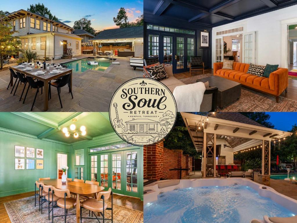 a collage of photos of a house with a swimming pool at Pool Outdoor TV Fire Pit Game Room in Memphis