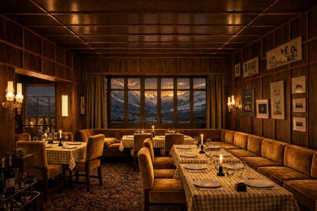 a restaurant with tables and couches and a window at Bourbon Hôtel in Courchevel