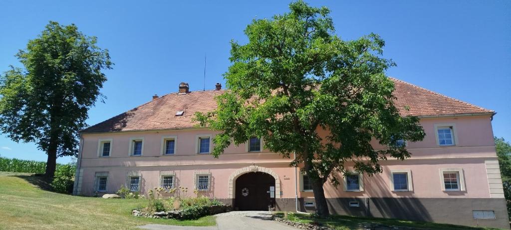 a large house with a tree in front of it at Statek Kloubek in Chabičovice
