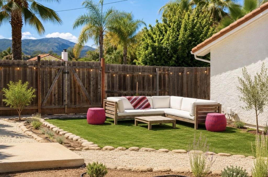 a backyard with a couch and a table and a fence at Ojai Pixie House in Ojai