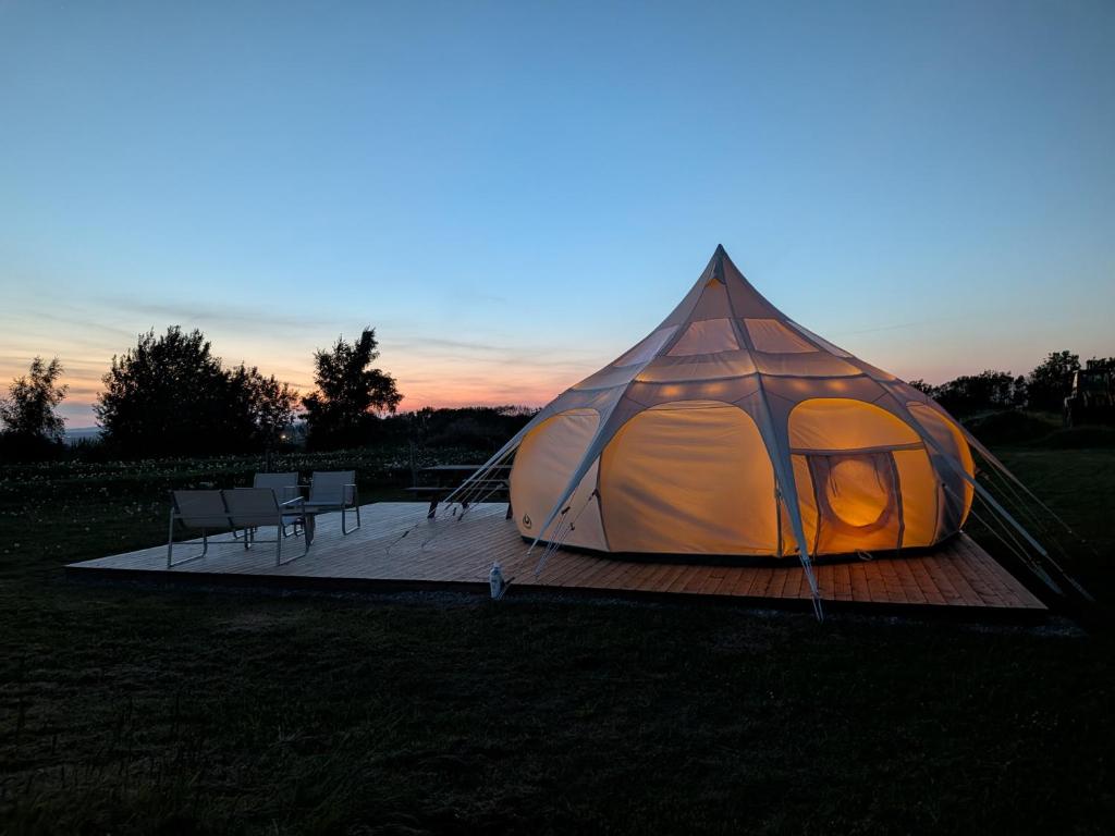 a tent sitting on a deck in a field at Glamping, Tåsinge - Svendborg in Svendborg