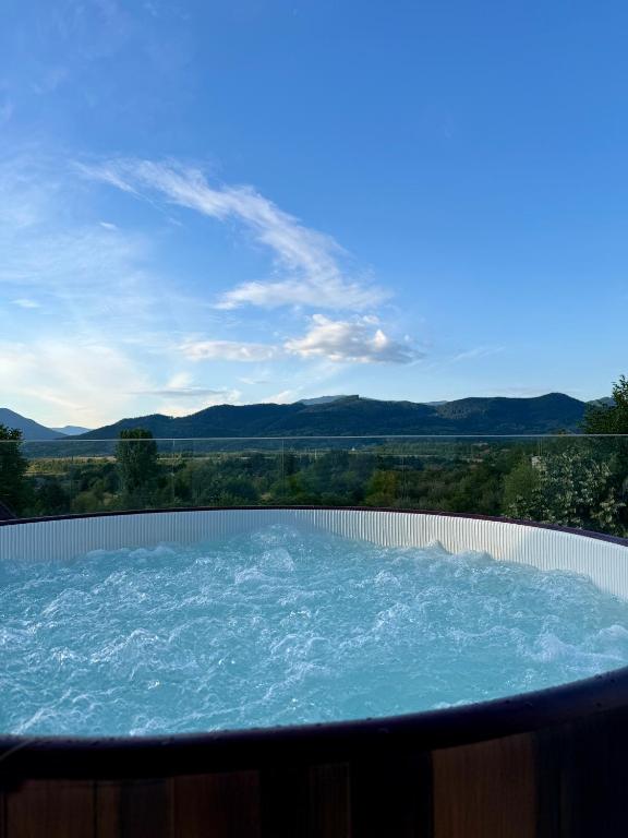 a hot tub with a view of the mountains at The View in Satu Nou de Sus
