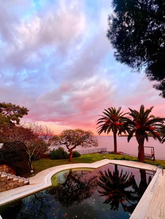 a swimming pool with palm trees and a sunset at Villa Büyükada I Private Pier & Seawater Pool in Istanbul