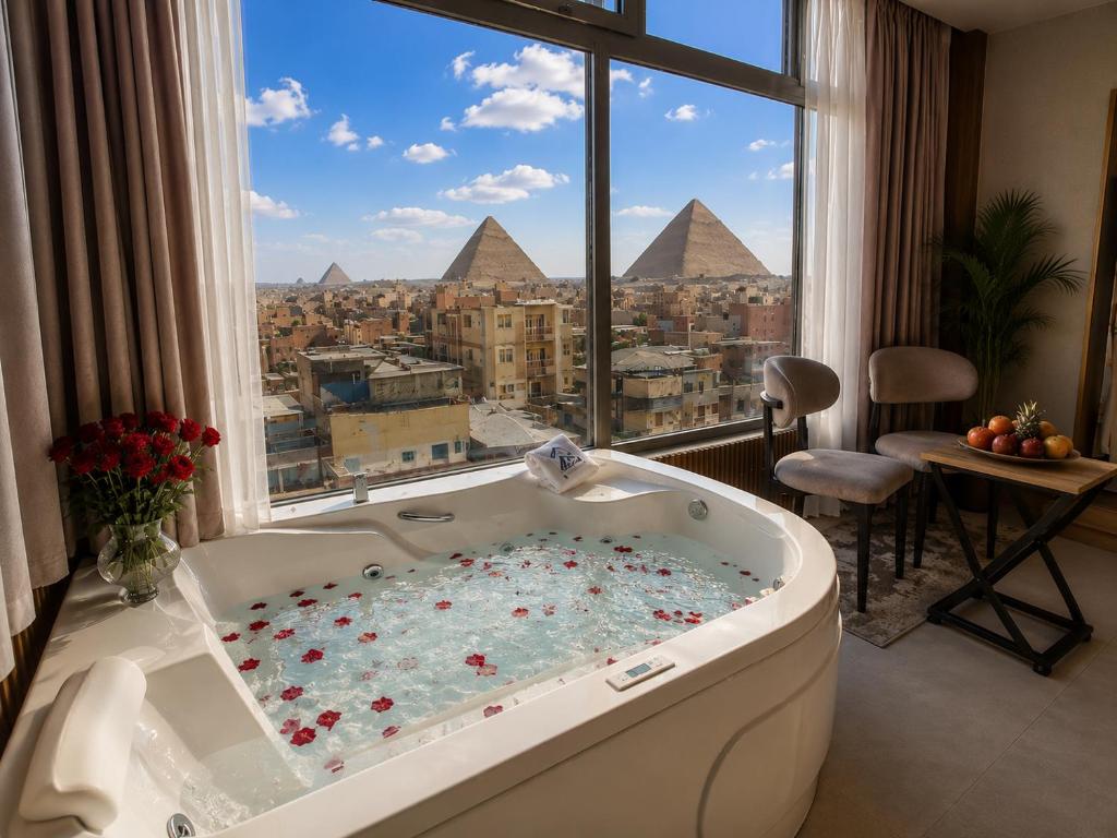 a bath tub in a room with a view of the pyramids at Royal Pyramids View Inn in Cairo