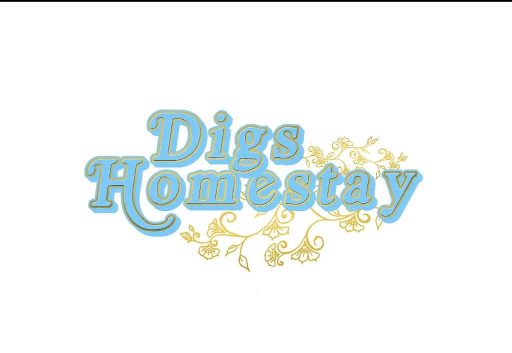 a sign with the words digs homology written in blue at Digs Homestay in Stratford