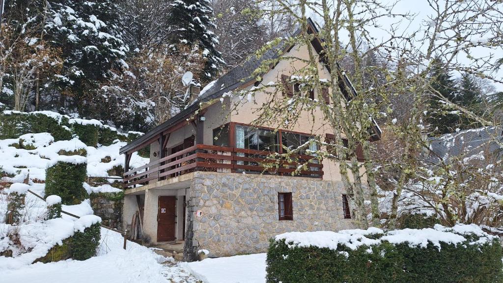 a house is covered in snow in the yard at Beau chalet en vallée d'Ossau in Laruns