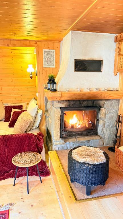 a living room with a fireplace and a couch at Góralski domek z kominkiem w dużym ogrodzie pełnym zieleni w spokojnej okolicy, blisko atrakcji Podhala in Łopuszna