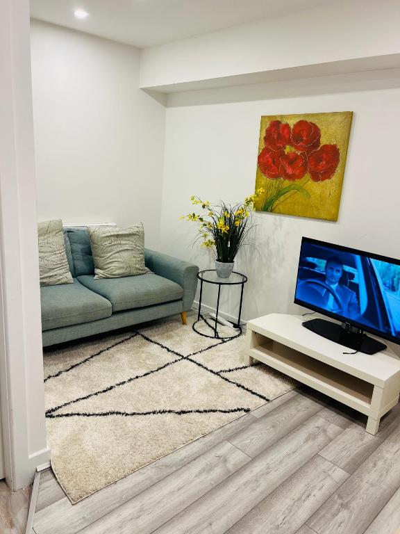 a living room with a couch and a tv at Ideal Guest House in Carrick-on-Suir