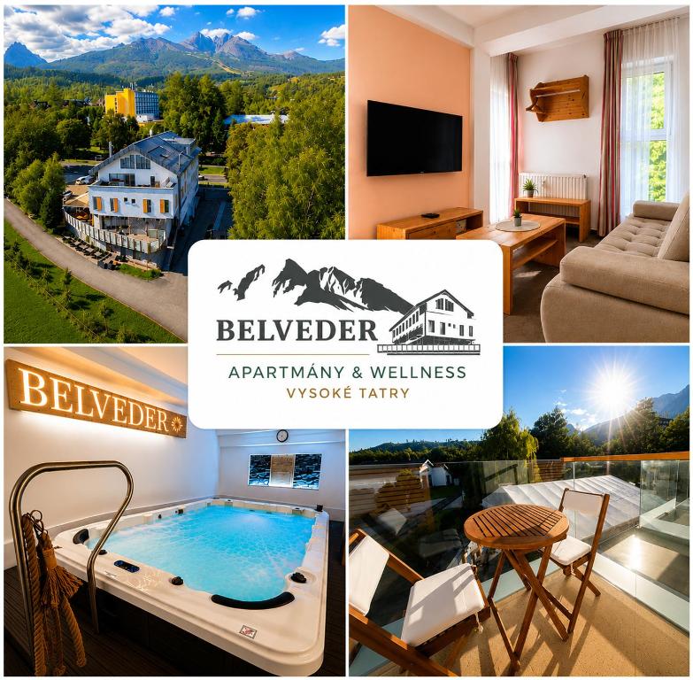a collage of pictures of a villa with a swimming pool at Aparthotel Belveder in Tatranská Lomnica