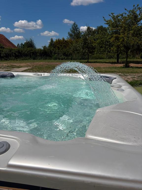 a water fountain in a swimming pool at Bohemica Apartman 3 in Kouřim