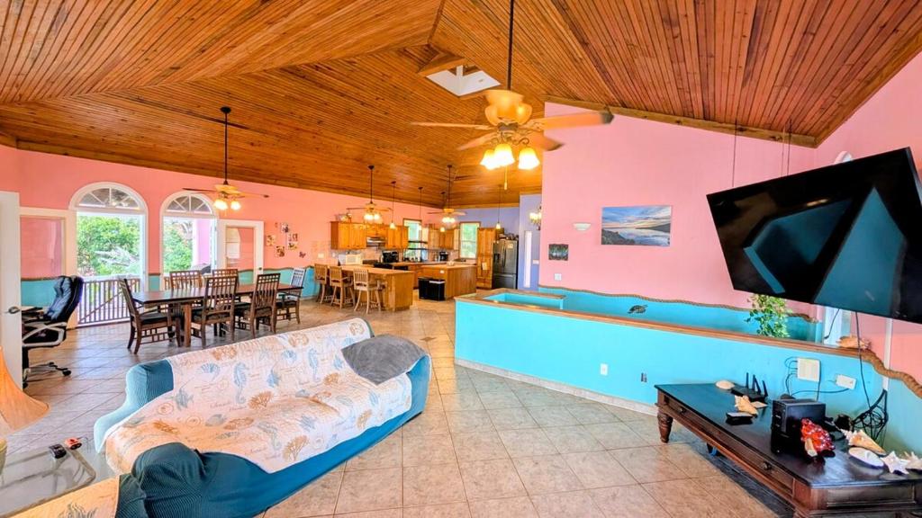a living room with a couch and a flat screen tv at El Palacio Rosa, The Resort in Punta Gorda