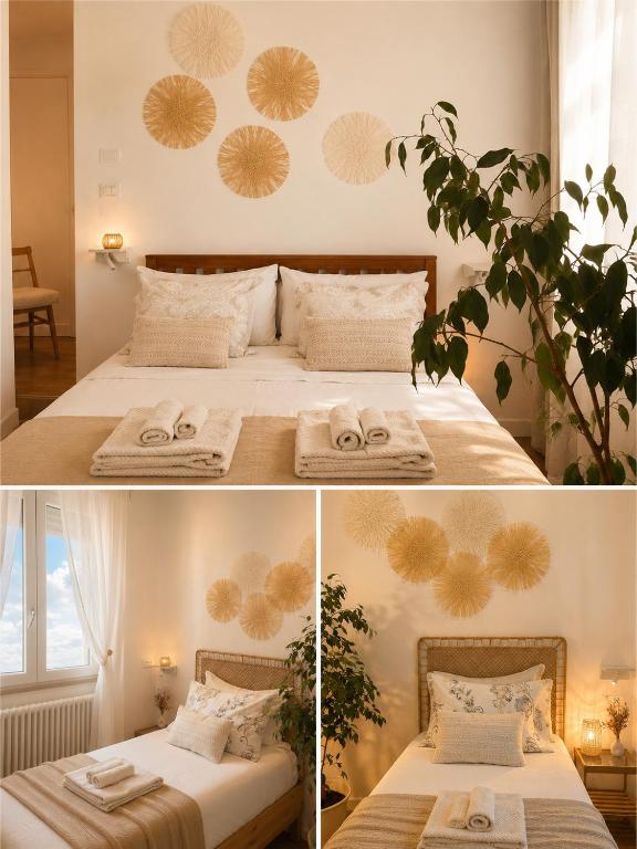 two pictures of a bedroom with two towels on a bed at Keizna rooms Cesena in Cesena