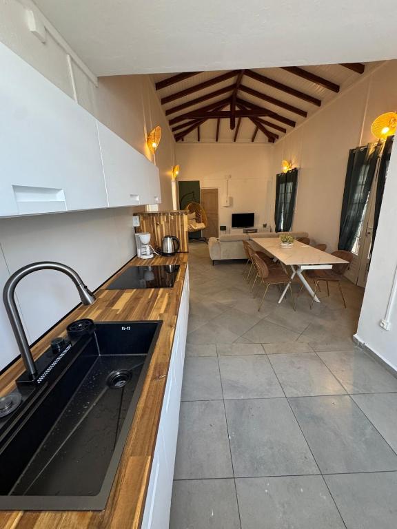 a kitchen with a sink and a living room at Spacieux logement in Lamentin
