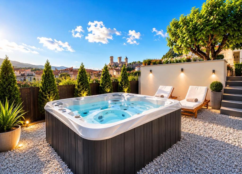 a hot tub on the patio of a house at La Verriere & Le refuge in Foix